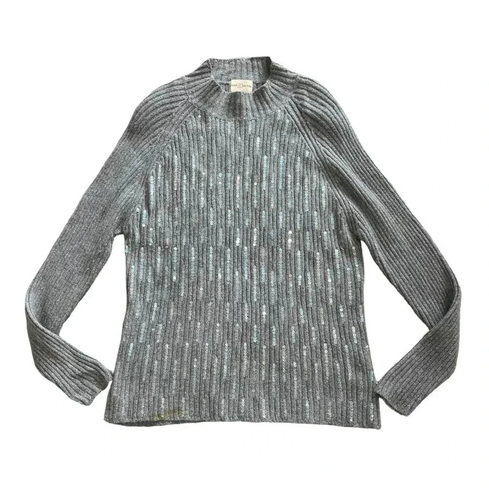 Jaclyn Smith Gray Knit Sequin Sweater with Shoulder Pads L